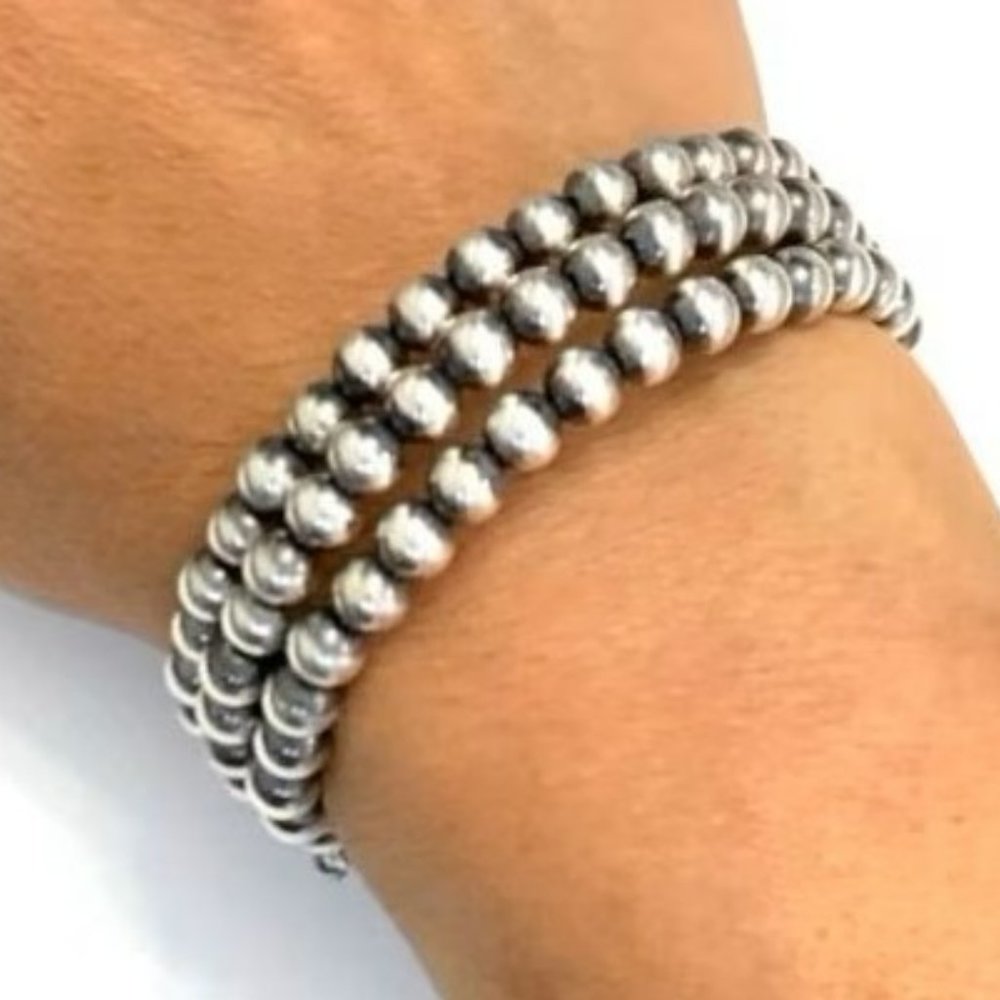 Navajo Pearls Sterling Silver Beaded 3 Rows Coil Bracelet, One Size Fits All
